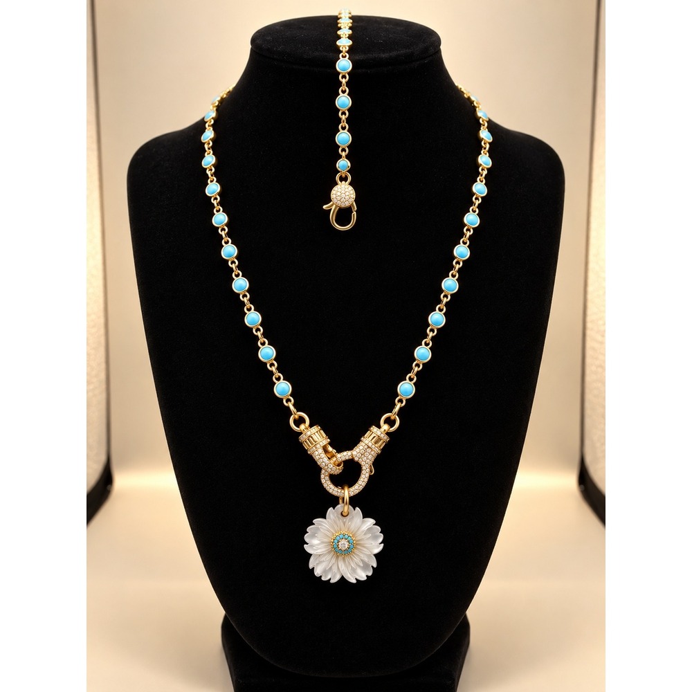 FREIDA ROTHMAN Lumi Turquoise Necklace Bracelet Floral Pendant 3 Pc Set